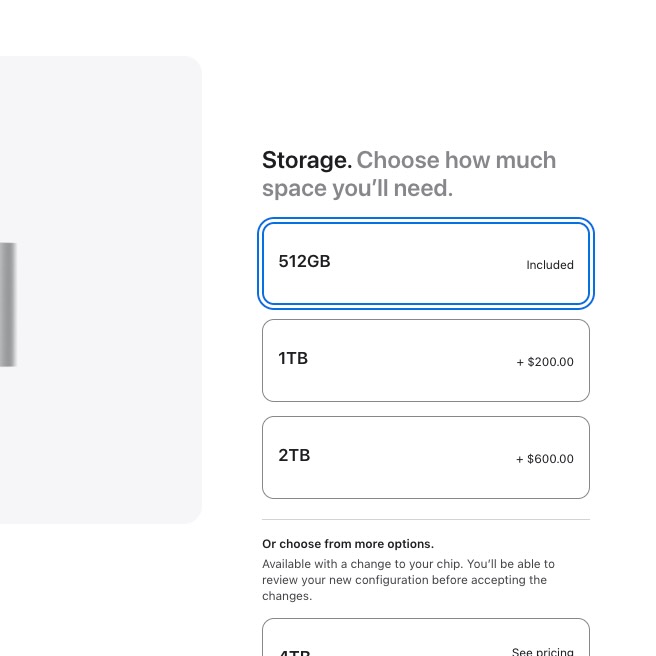 Apple Mac mini storage options showing the 1TB upgrade price