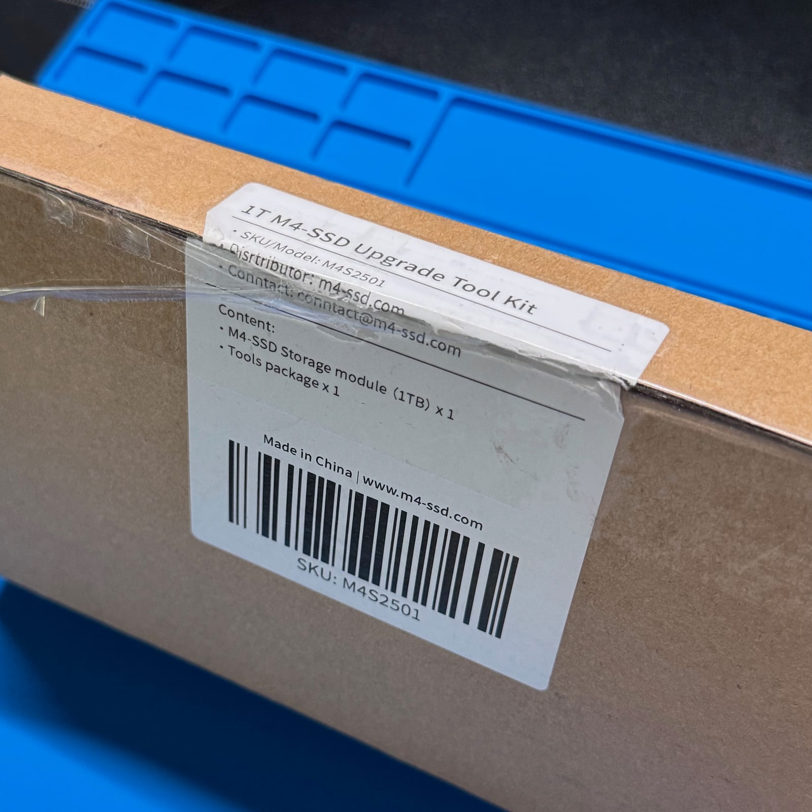 Package label for the m4-ssd.com 1TB Mac mini SSD upgrade module